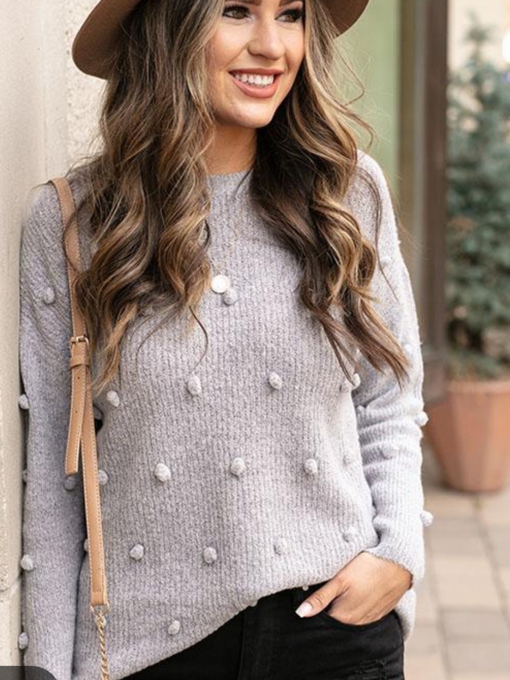 Grace and Lace Dot Sweater Cozy Gray Pom-Pom Knit Sweater